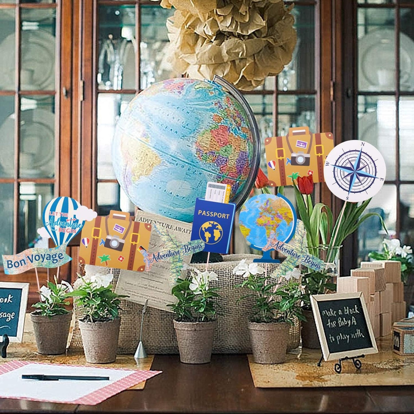 Travel Theme Centerpiece Sticks Set of 21- Adventure Awaits & Bon Voyage Party Decorations, World Map Table Centerpieces for Around the World