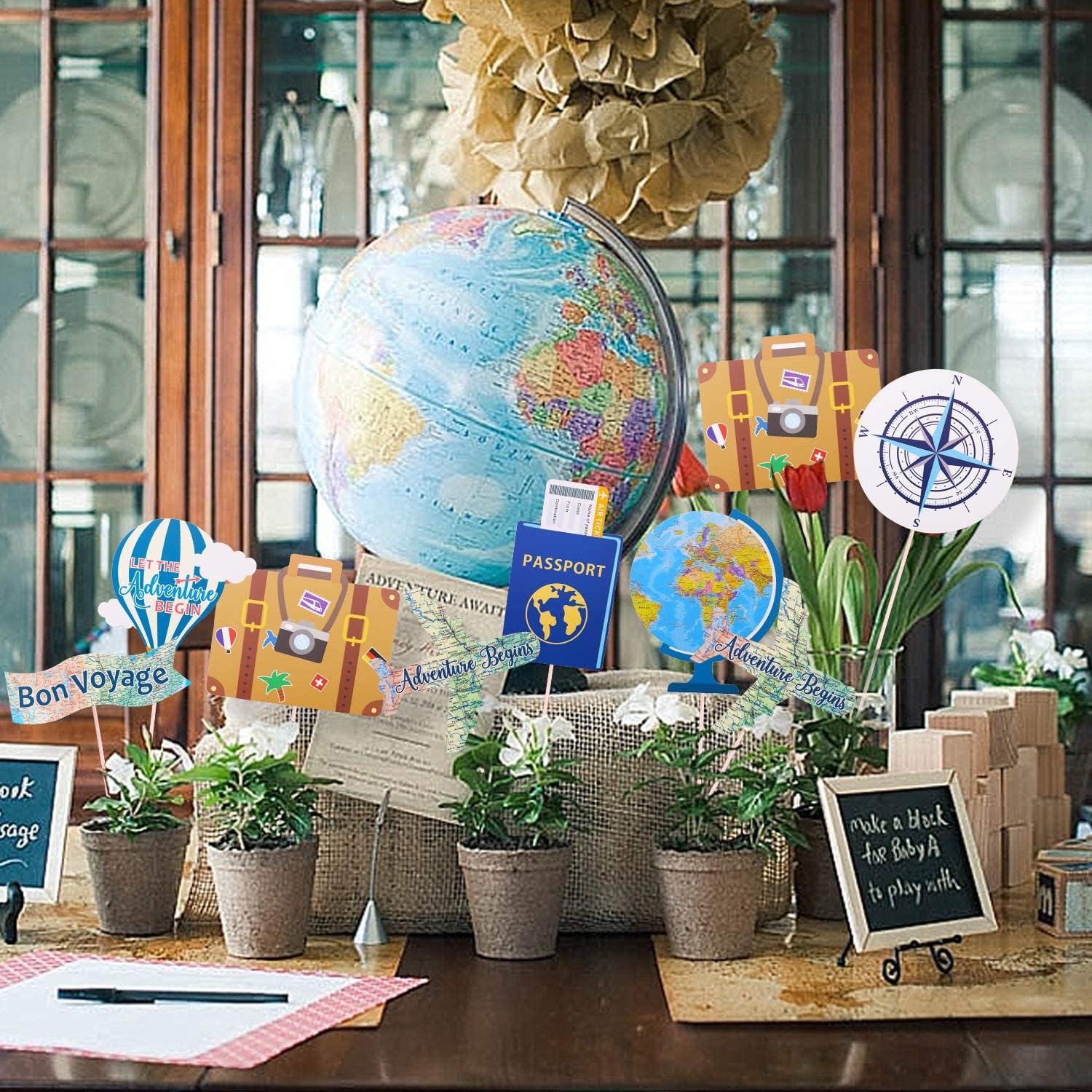 Travel Theme Centerpiece Sticks Set of 21- Adventure Awaits & Bon Voyage Party Decorations, World Map Table Centerpieces for Around the World