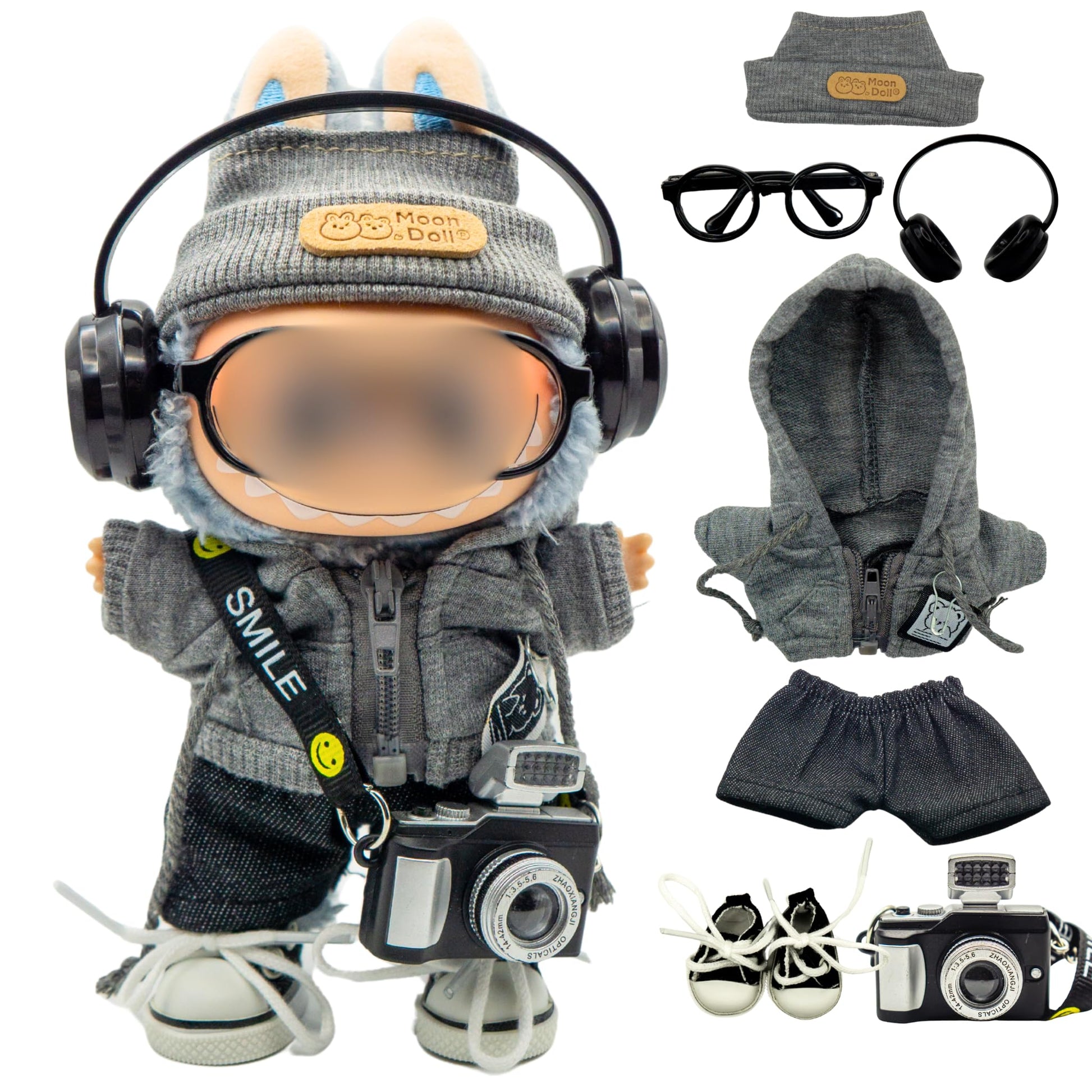 Clothes for 17cm(6.7inch) Labubu, - 7 PCS Street Photographer Outfits for Labubu, Interactive Camera, Zippered Hoodie, Hat, Sneakers, Glasses