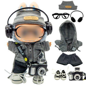Clothes for 17cm(6.7inch) Labubu, - 7 PCS Street Photographer Outfits for Labubu, Interactive Camera, Zippered Hoodie, Hat, Sneakers, Glasses