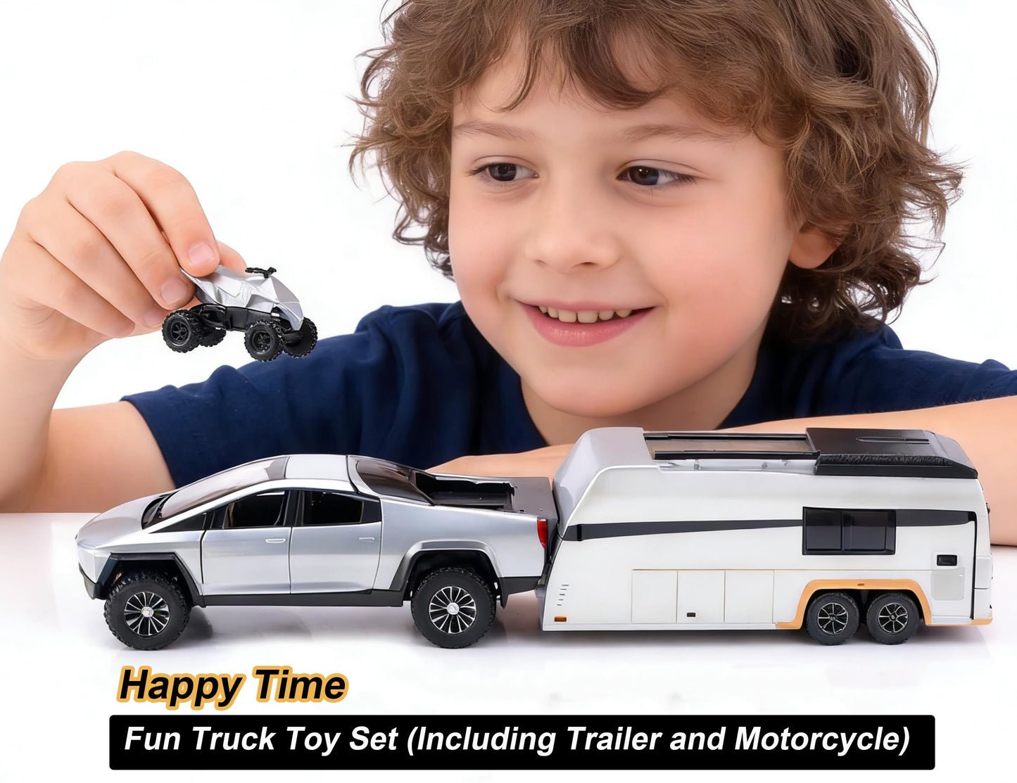 RCOOS Toy Car Alloy Truck Set with Trailer and Motorcycle Cyberpickup Toy with Sound and Light Effect Pull Back Vehicle RV Toy EV Model Ideal Gift