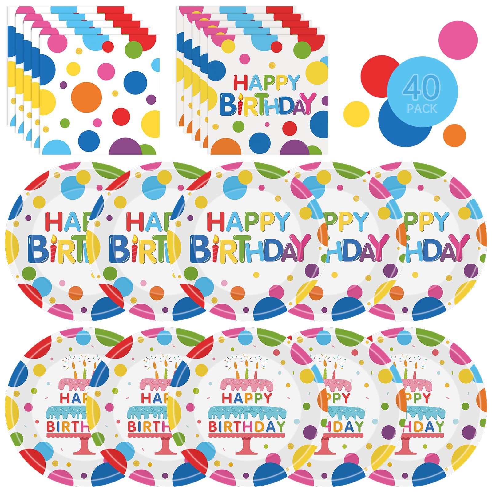 40 Pcs Happy Birthday Paper Plates and Napkins Sets - Polka Dots Bday Party Supplies Tableware, Disposable Colorful Dinner Plates Napkins Kit