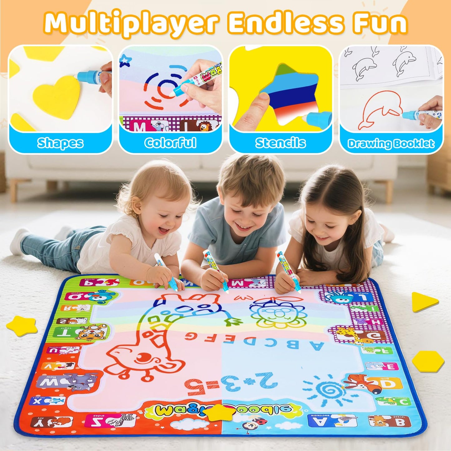 KIZZYEA Toys for 2 3 4 5 6+ Years Old Boys Girls, Water Doodle Mat for Kids, Large Coloring Painting Writing Magic Mat with Neon Colors, Educational