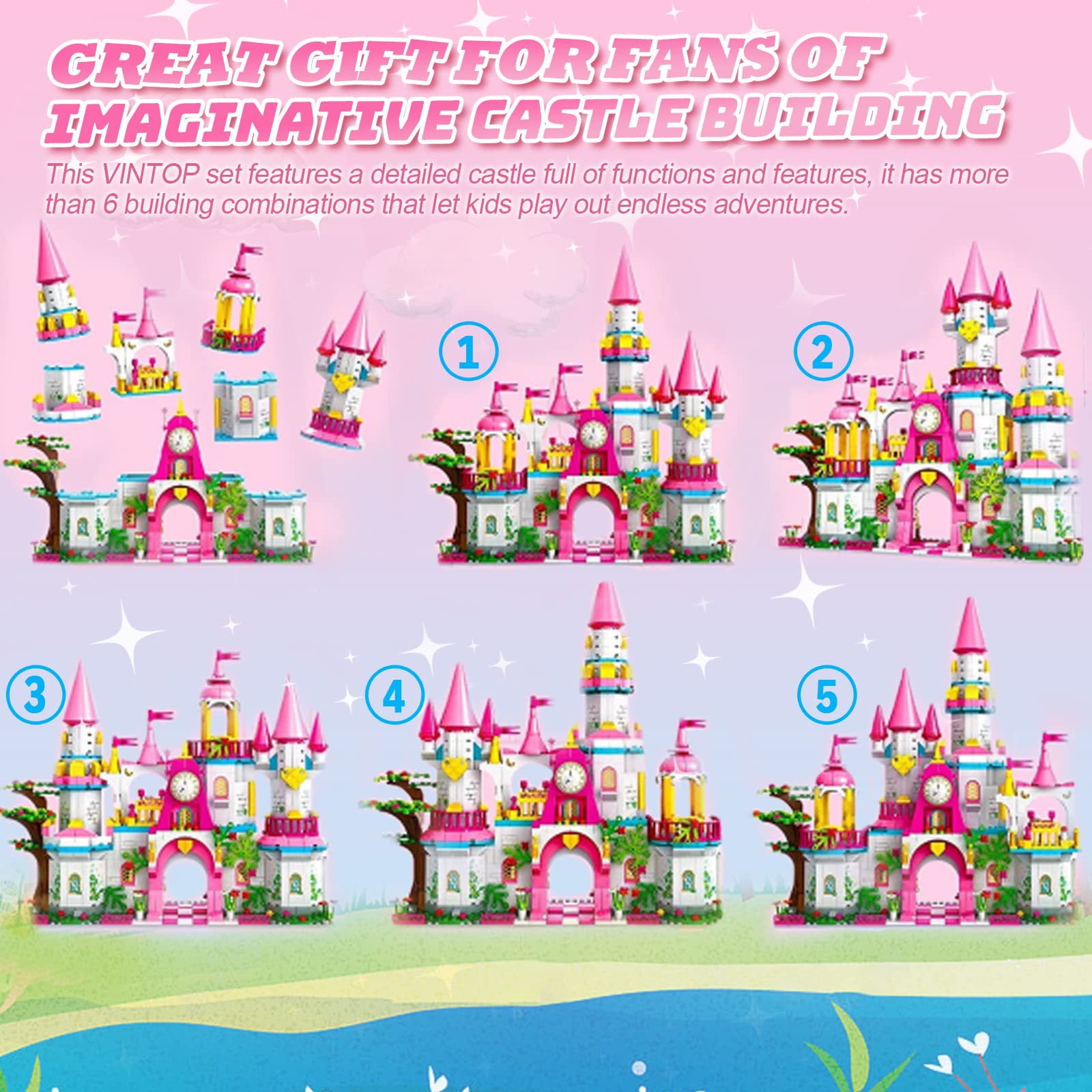 Castle STEM Building Toys for Girls Ages 6 7 8 9 10 11 12 Years Old, VINTOP Building Sets for Girl Boys, 1000PCS Pink Princess Castle Carriage