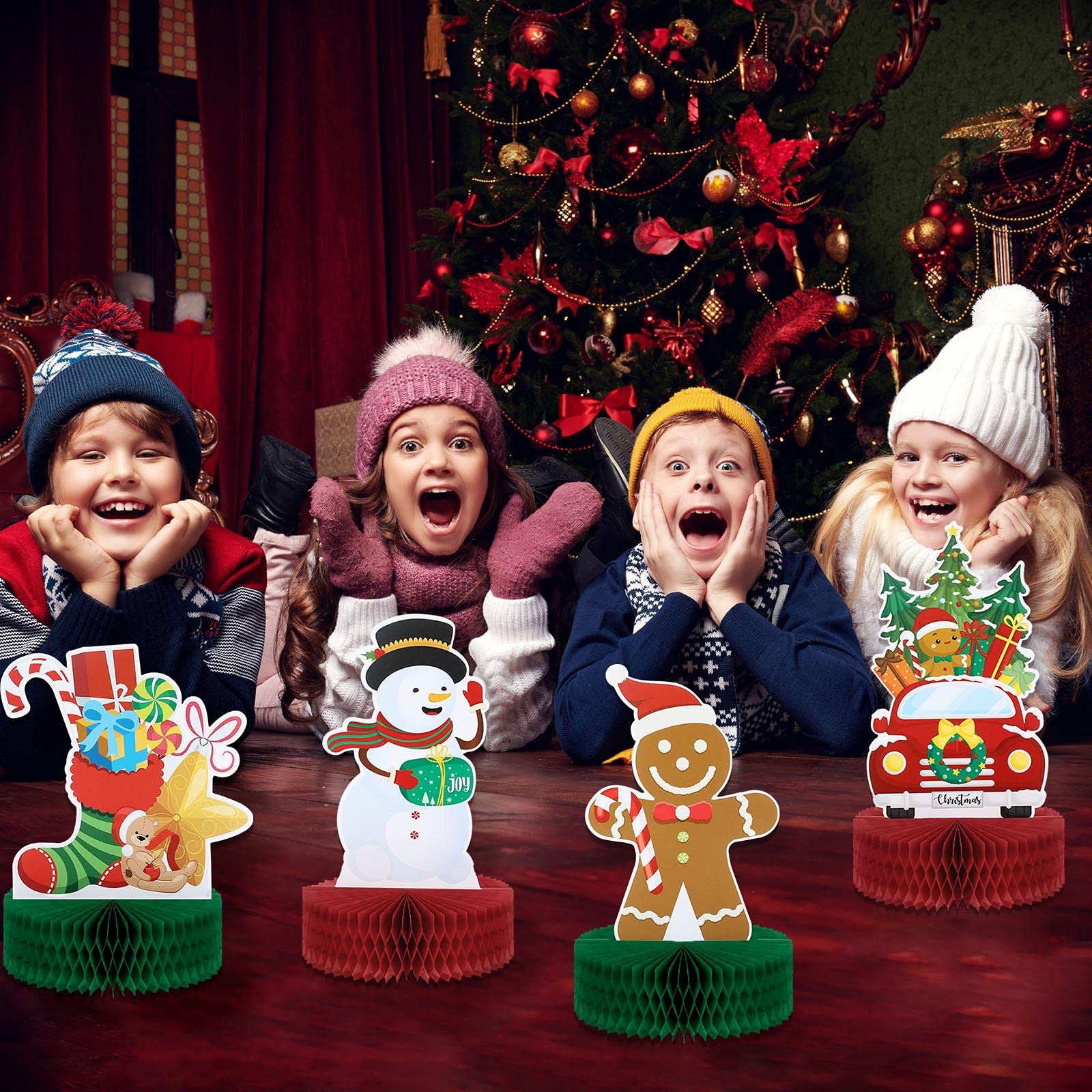6 Pieces Christmas Table Decorations Honeycomb Centerpieces, Christmas 3D Honeycomb Table Decor, Santa Snowman Topper for Winter Holidays Dining Room