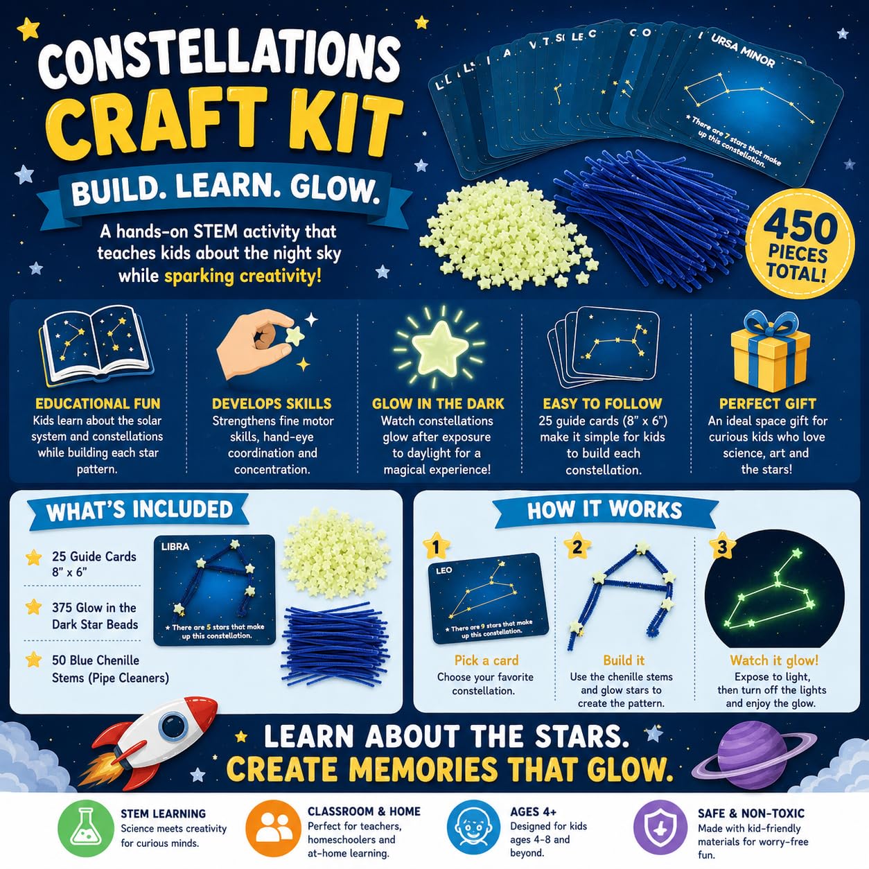 Fun Express Constellations Craft Kit - 450 Pieces Glow in the Dark STEM Kids | Solar System Astronomy Science Kits | Arts and Crafts for Kids Ages 4-8