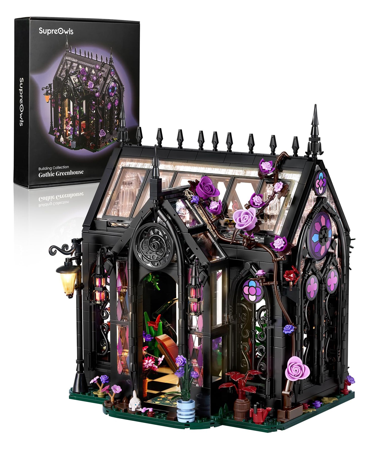 Gothic Greenhouse Building Set with Lights, Architecture Model with Stained Glass & Rose Vines, Botanical Garden Display with Flowers & Plants, Gothic