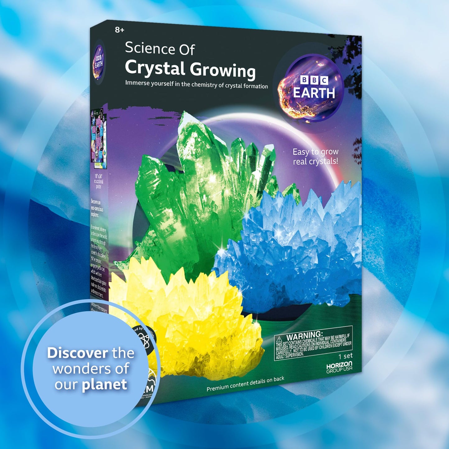 BBC Earth Science of Crystal Growing, Grow 3 Dazzling Crystals, Includes Display Case, Powdered Paints, Learning Guide, Crystal Growing Kit, STEM