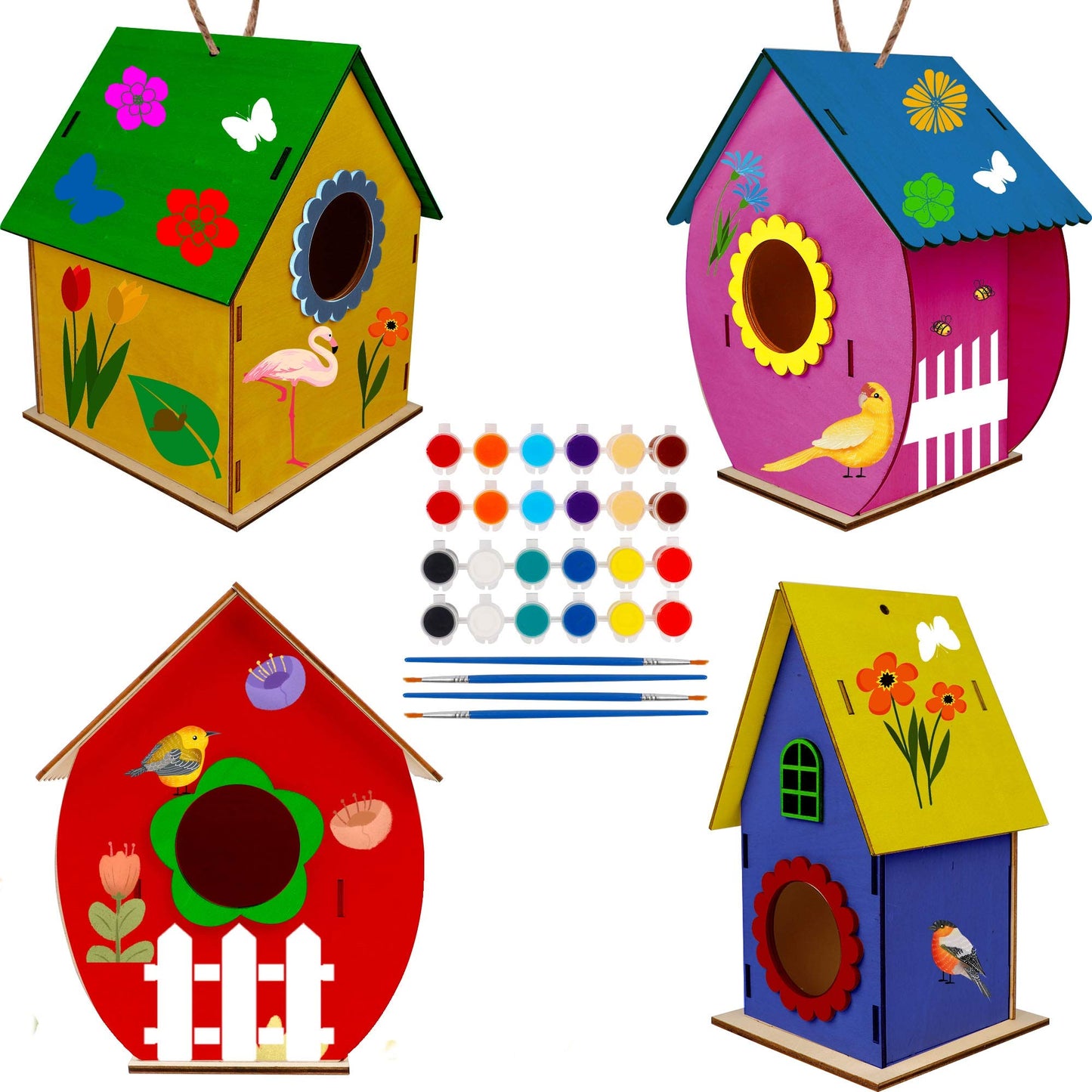 Glintoper Art Craft Wood Toys for Kids, 4 Pack DIY Bird House Kit Painting Puzzle DIY Wooden Assembly, Build and Paint Birdhouse, Include Paints