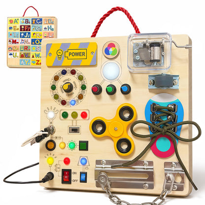 Busy Board with LED Light Switches, Montessori Toys for Toddlers 1-3, Wooden Sensory Activity Board, Travel Learning Toy for Boys & Girls, Educational