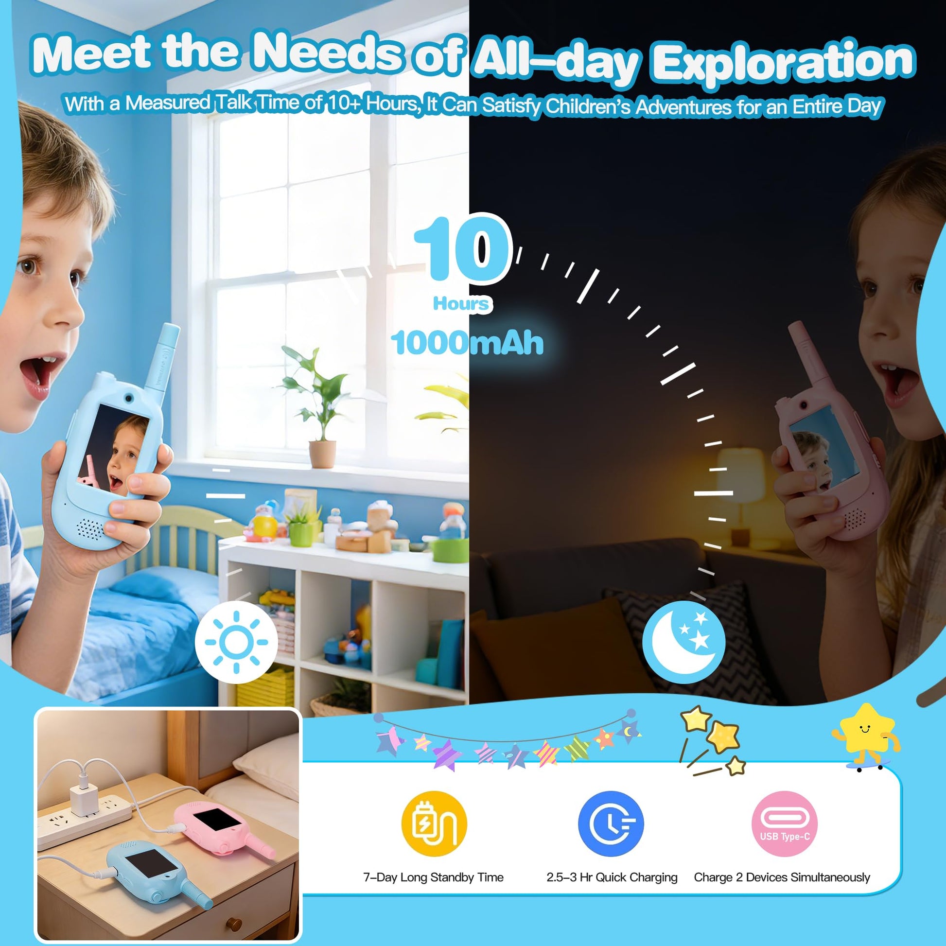 Video Walkie Talkies for Kids, Blue/Pink 2 Pack 1000 mAh Rechargeable Long Range Video walkie talkies, 3 Wearing Options Indoor Outdoor Toys for