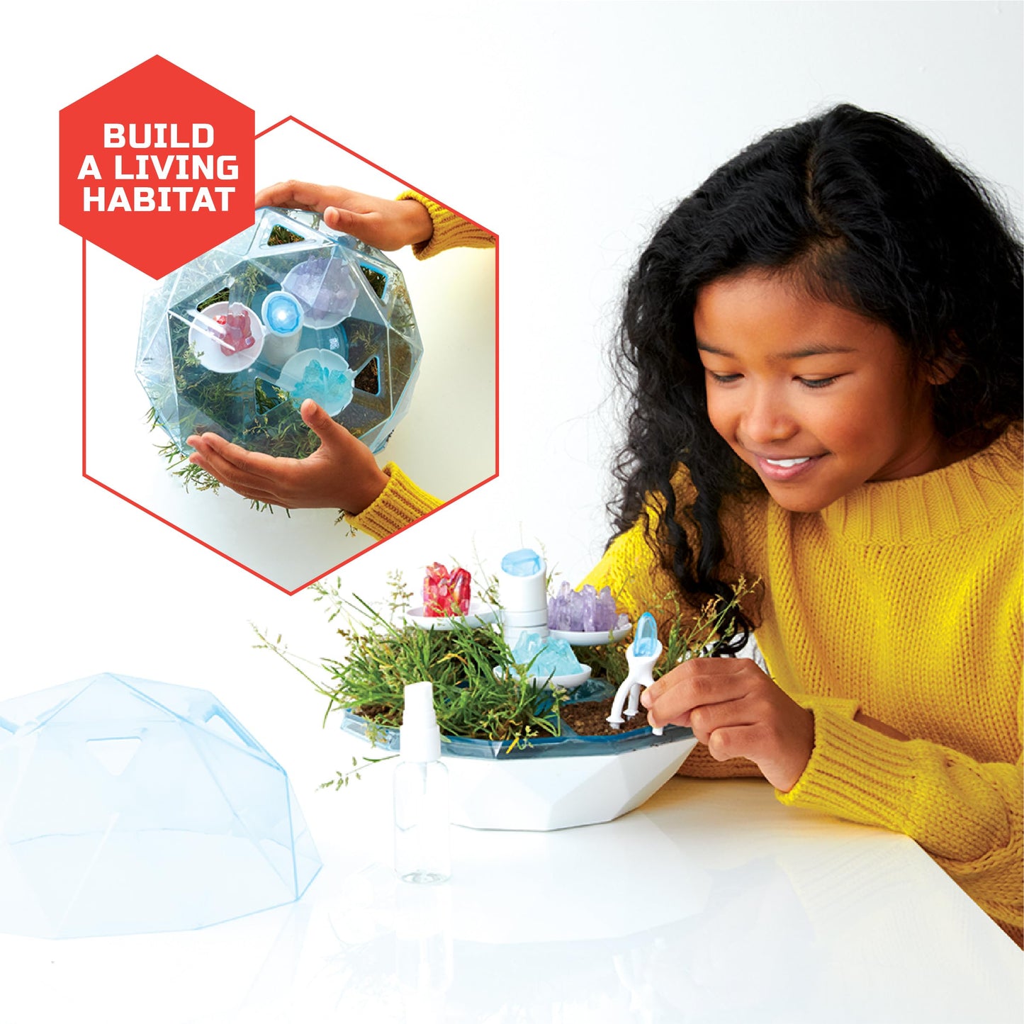 Discovery™ DIY Light-Up LED Terrarium - Plants & Crystals Geodome Grow Kit, 3 Colorful Crystal Formations, Rye Grass, Education STEM Activity Set