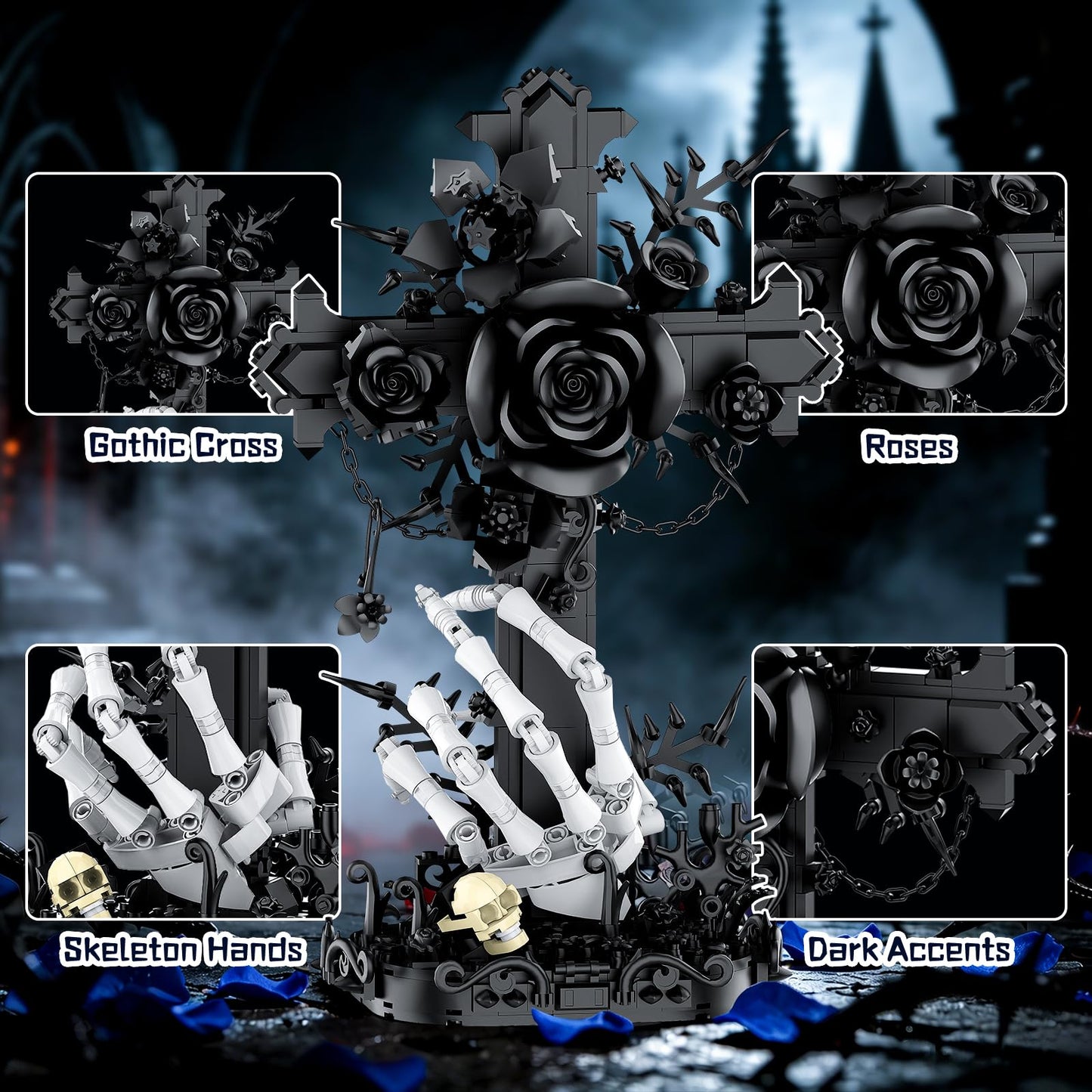 Tenhorses Gothic Cross Flower Building Set with Skull Hands, Crucifix Rose Skeleton Model, Dark Aesthetic Display Decor for Home Office, Halloween