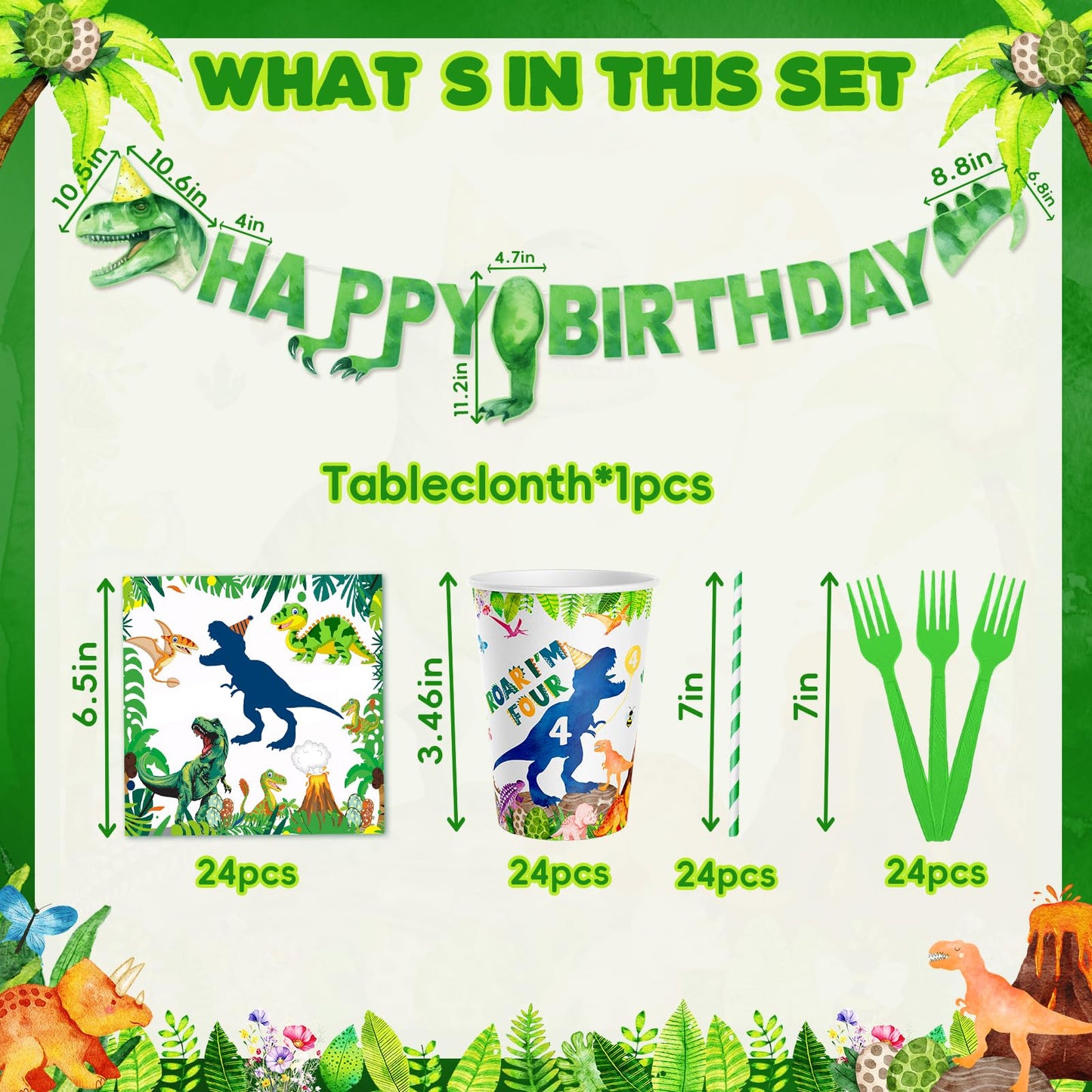 148ps Roar I’m Four Dinosaur 4th Birthday Decorations Boy Dinosaur 4th Bday Tableware Jungle T-rex 4 Rex Dino Plates Napkins Cups Banner Tablecloth