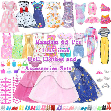 MCZQXW 65 Pcs Doll Clothes and Accessories, 5 Fashion Dresses, 3 Wedding Gowns, 4 Outfits Top & Pant, 3 Swimsuits Bikini, 5 Slip Skirts, 20 Hangers