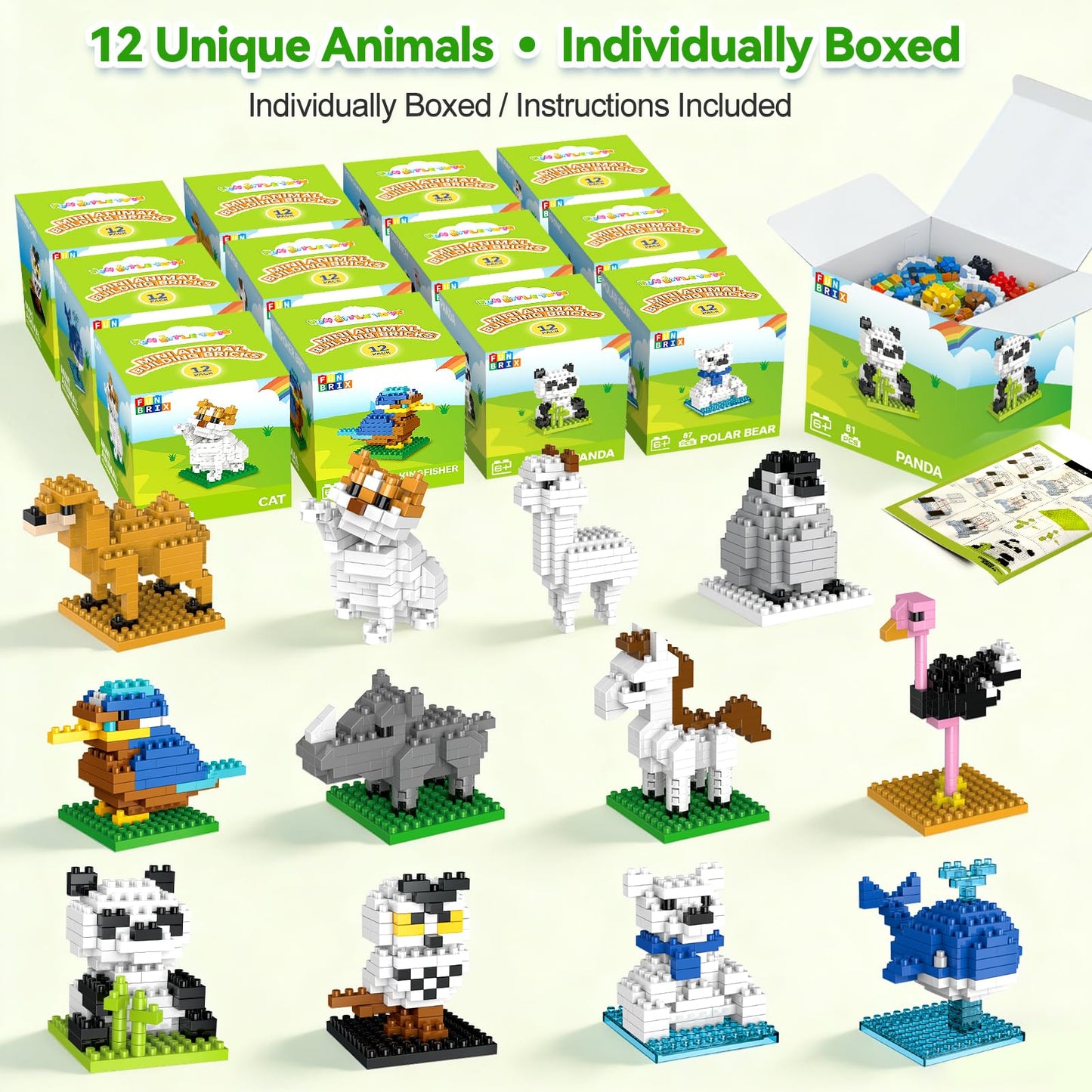 Mini Animal Building Blocks 12 Pack, No Duplicates, Individually Boxed with Instructions, Party Favors for Kids 6-12, Classroom Prizes & Prize Box
