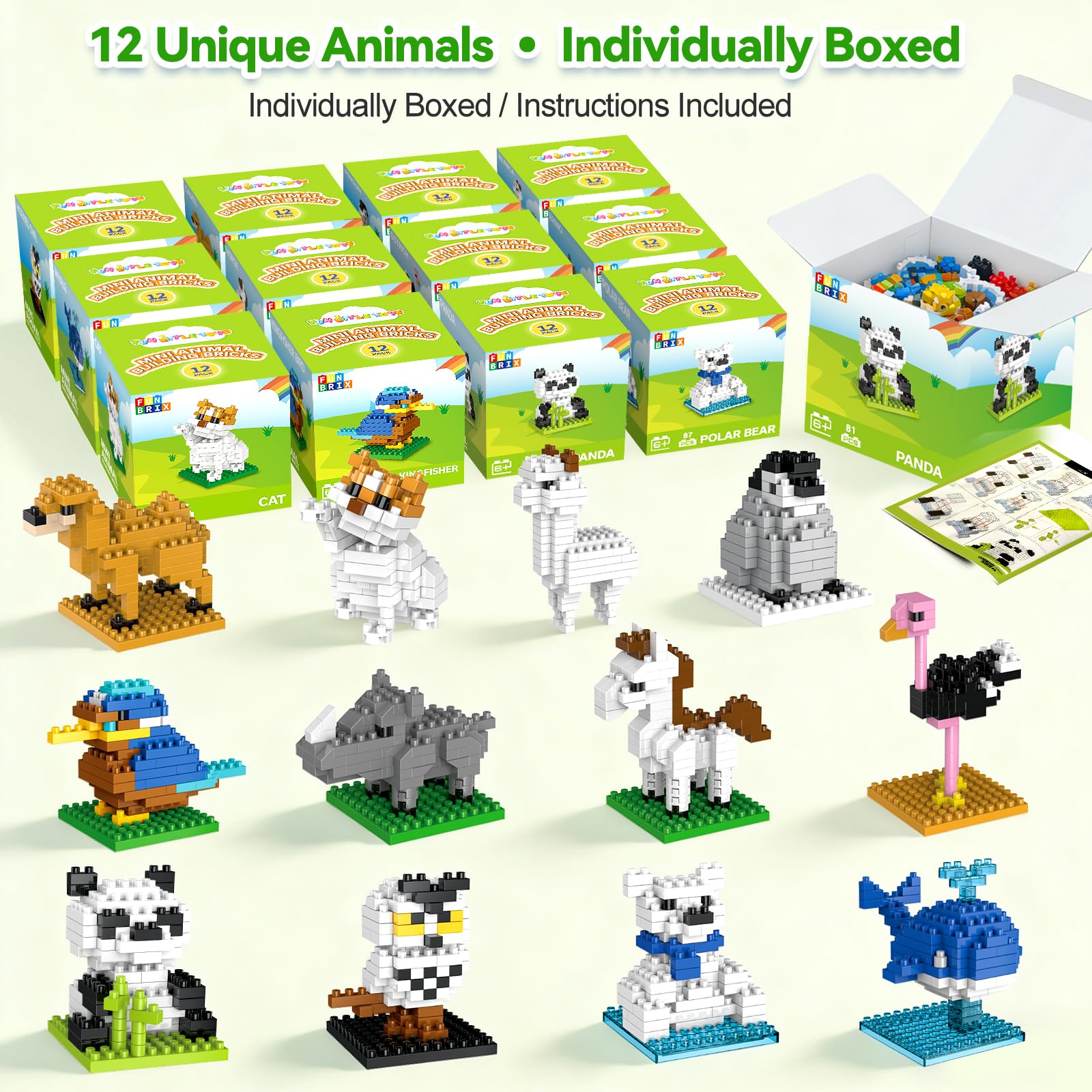 Mini Animal Building Blocks 12 Pack, No Duplicates, Individually Boxed with Instructions, Party Favors for Kids 6-12, Classroom Prizes & Prize Box