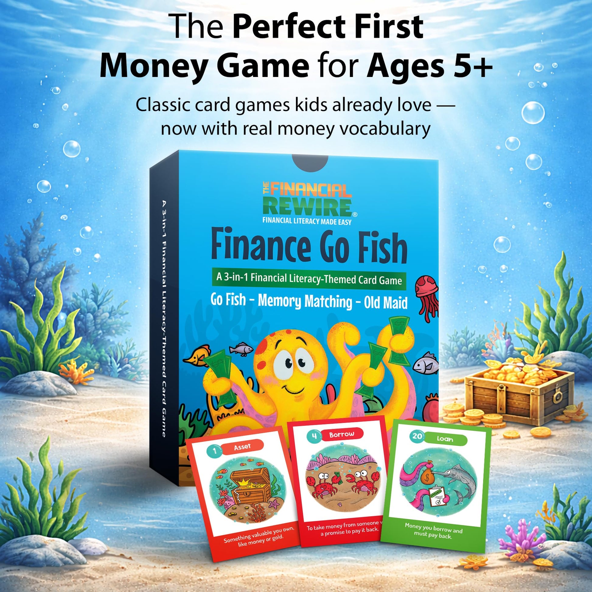 Finance Go Fish - 3-in-1 Financial Literacy Card Game for Kids Ages 5-12 | Go Fish, Memory & Old Maid | Educational Money Vocabulary Deck (Combo)