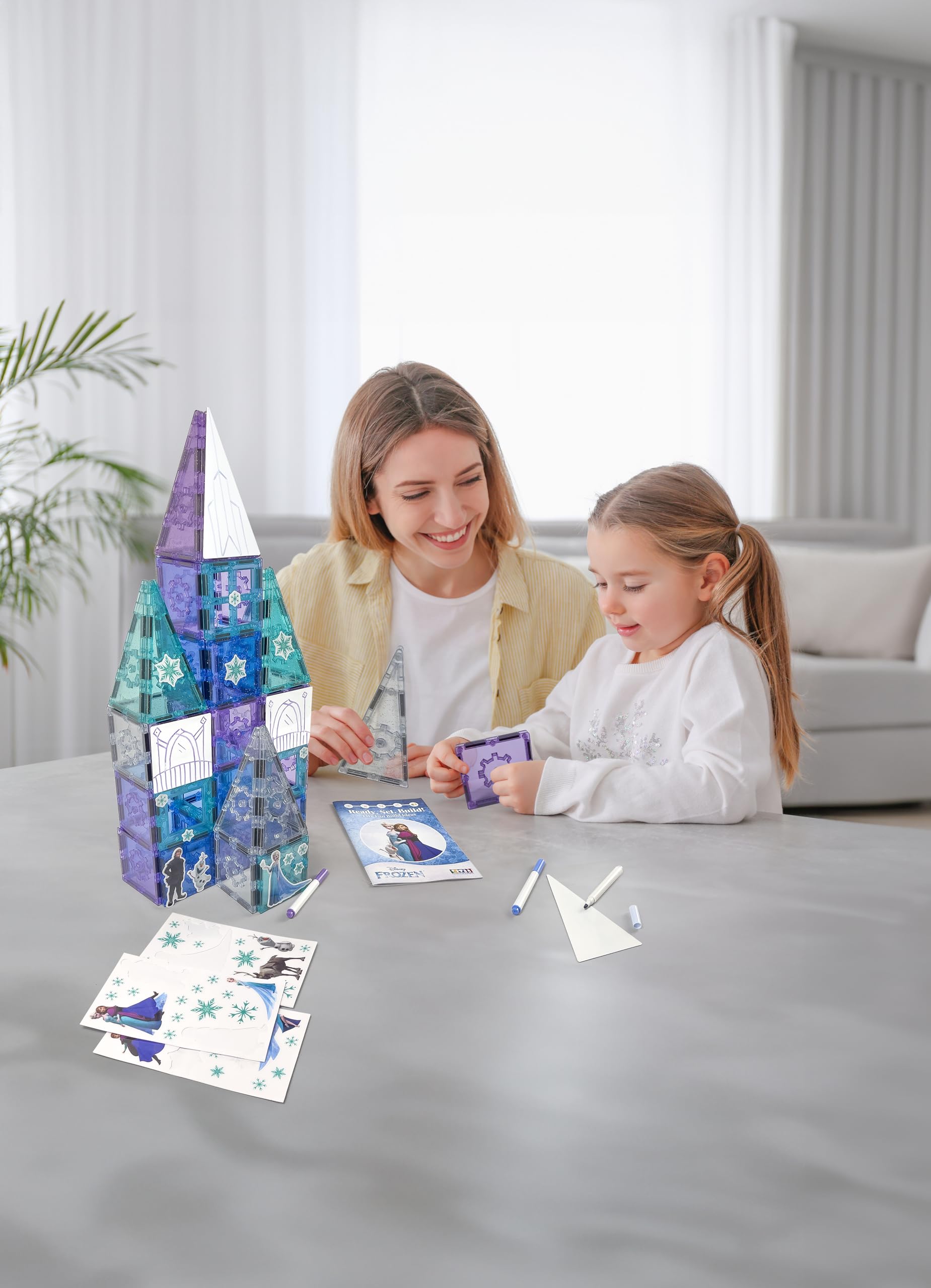 Tytan Toys Disney Frozen Magnetic Tiles Princess Castle - 68-Piece STEAM Building Set with Glitter Tiles & Elsa, Anna, Olaf Stickers - Educational
