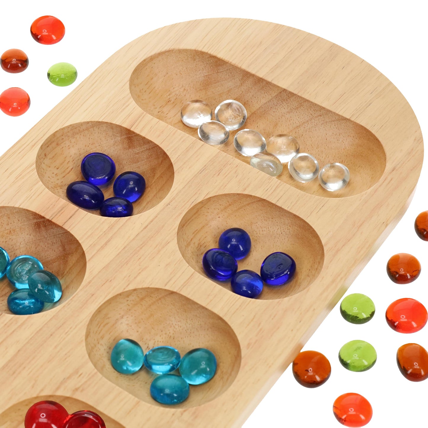 WE Games Classic Mancala Board Game 22 inch, Large Natural Wood Board with Assorted Glass Mancala Stones, African Stone Game, Table Top Décor
