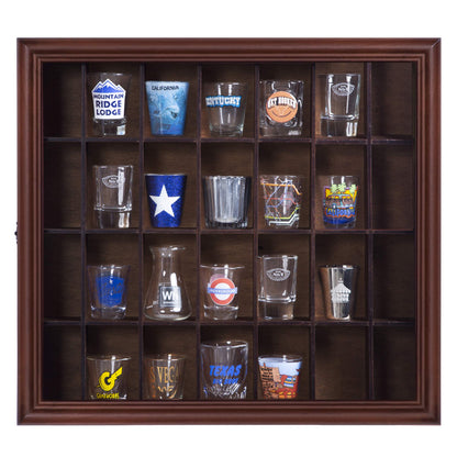 Gallery Solutions - 18x16 Shot Glass Collection - Walnut Collectable Display Case - Hinged Front - 28 Display Slots for Shot Glasses - Bar, Home