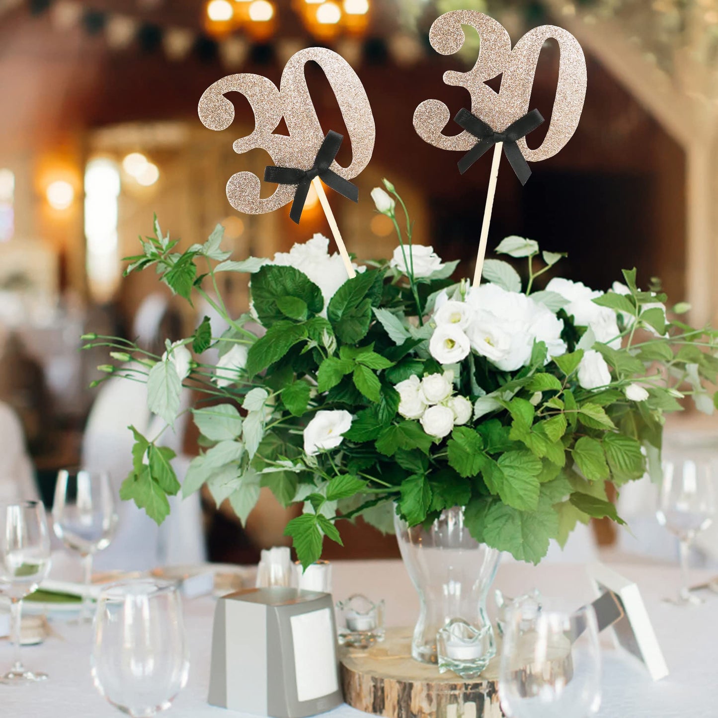 Siipoo Rose Gold Glitter 30th Birthday Centerpiece Sticks with Bow 30th Table Toppers Flower Toppers for Birthday Anniversary Table Party Decorations