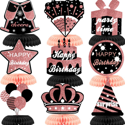 WINPOGEE 9PCS Rose Gold Black Happy Birthday Decorations Honeycomb Centerpieces for Women MenHappy Birthday Table Centerpieces Party Supplies Birthday