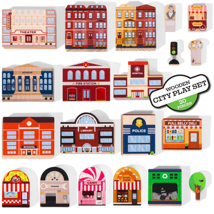 20 Pc Wooden City Play Set - Wooden Town Buildings and Street Signs for Play Mats, Toy Cars and Trains - Educational Preschool Track Accessories