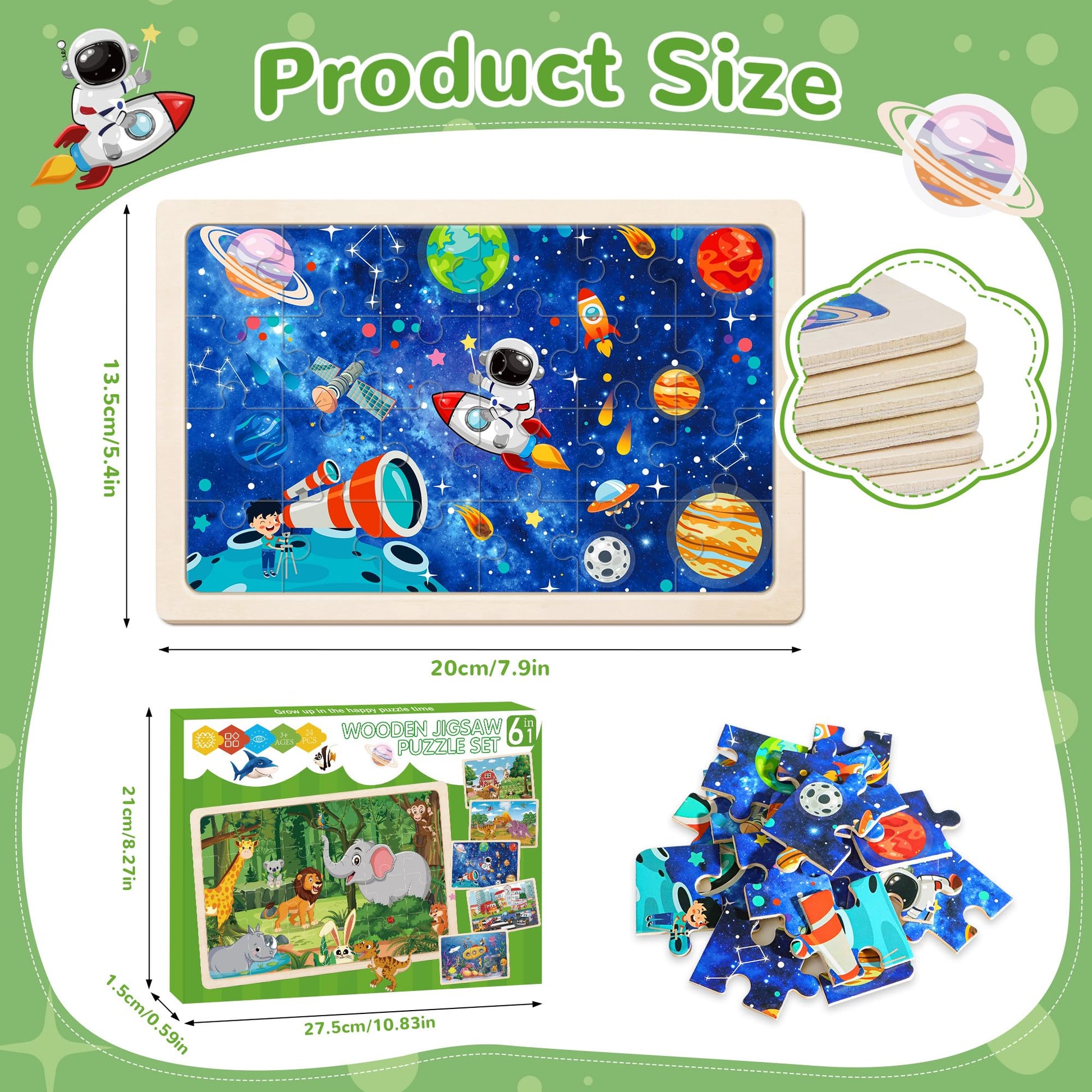 6 Packs Puzzles for Kids Ages 4-6,24Pcs Wooden Puzzles for Kids Ages 3-5,Dinosaur Animals Vehicle Space Farm Jigsaw Puzzles,Preschool Educational Toys