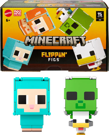 Mattel Minecraft Flippin’ Figs 2-Pack Action Figures, Set with Sheep & Chicken Jockey with 2-in-1 Fidget Play, 3.75-inch Scale, Large Heads