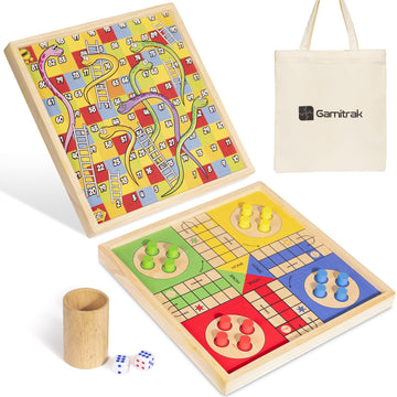 12 Inch Wooden Ludo Board Game & Snakes and Ladders 2-in-1 Reversible Classic Board Game for Kids and Adults, Includes 1 Parcheesi Board, 2 Dice, 1