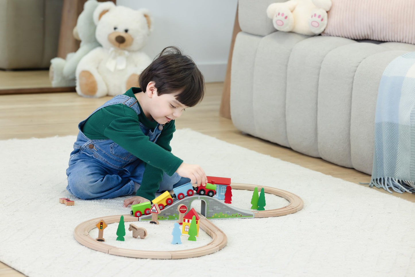 Jasey's Toy Chest 33-Piece Wooden Little Town Train Adventure Set | Interlocking Tracks, Bridge, & Town Accessories | Compatible with Other Wooden