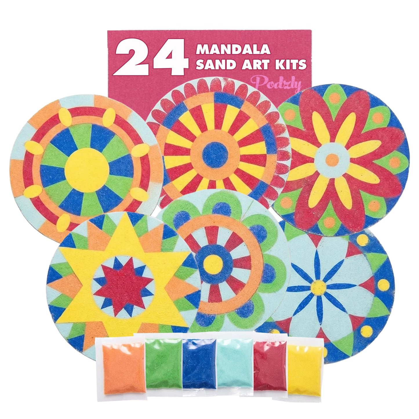 Podzly Sand Painting Mandala Coloring Craft Kits 24 Piece - Self-Adhesive Sand Art Peel Kit for Kids Ages 5+ - 6 Colors & 5 Inch Round Canvases