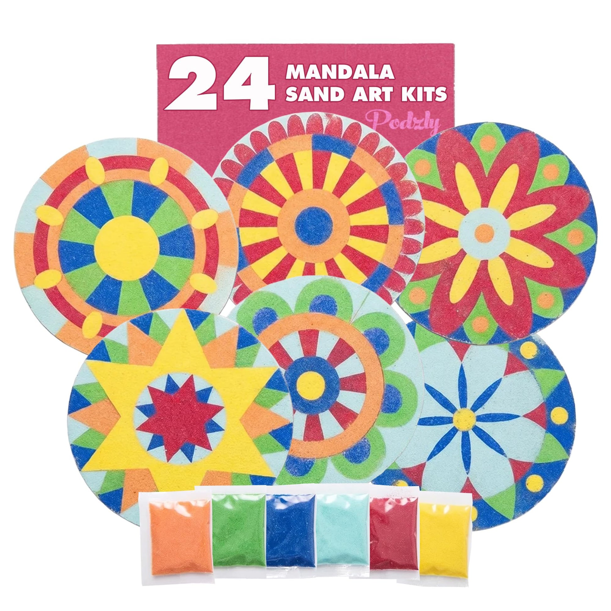 Podzly Sand Painting Mandala Coloring Craft Kits 24 Piece - Self-Adhesive Sand Art Peel Kit for Kids Ages 5+ - 6 Colors & 5 Inch Round Canvases