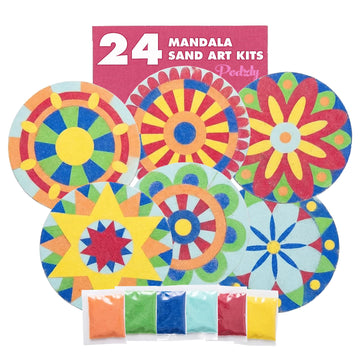 Podzly Sand Painting Mandala Coloring Craft Kits 24 Piece - Self-Adhesive Sand Art Peel Kit for Kids Ages 5+ - 6 Colors & 5 Inch Round Canvases