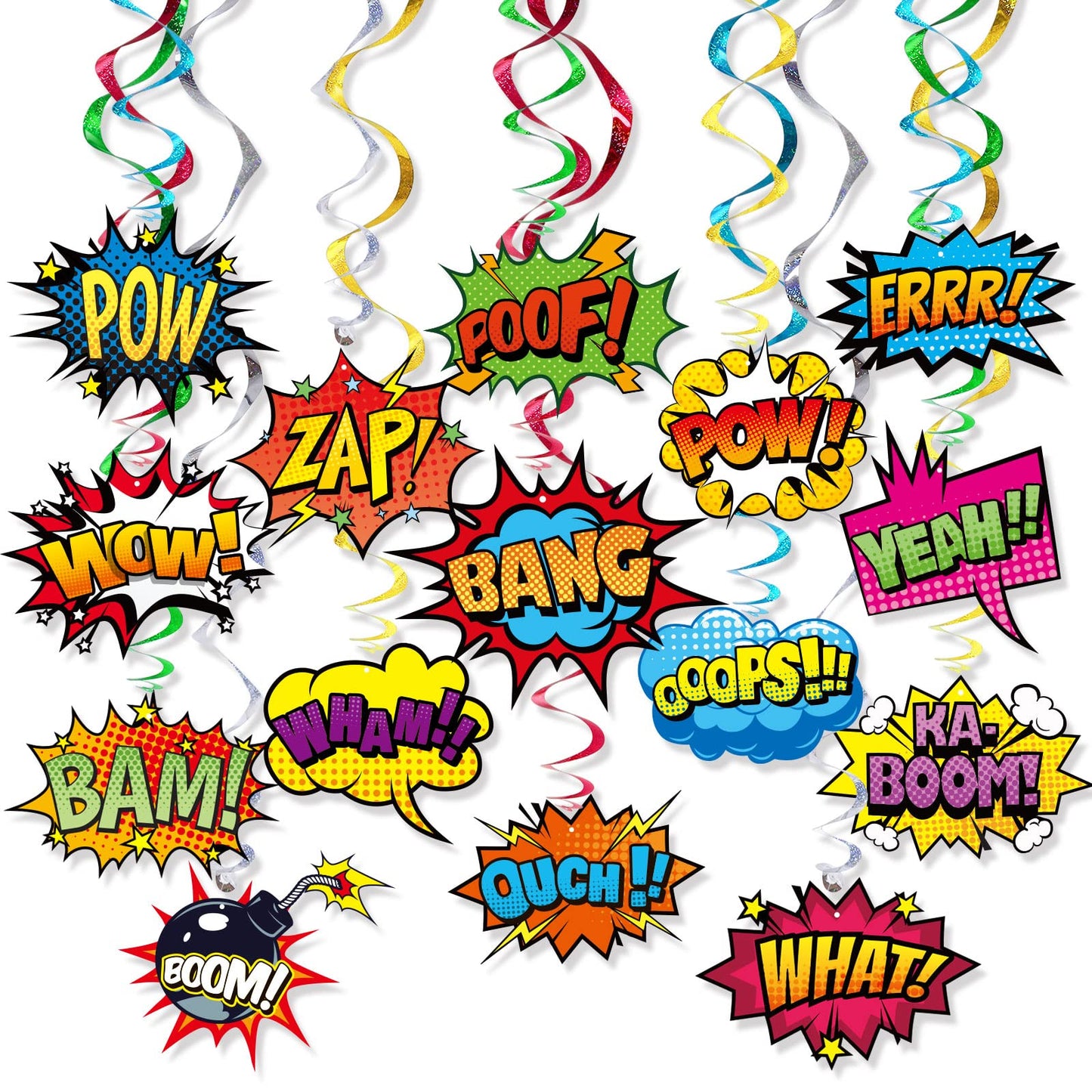 Superhero Hanging Swirls 30 Pack Hero Action Sign Foil Ceiling Hanging Swirls Streams Banner Decor Garland for Kids Superhero Baby Shower Celebrating