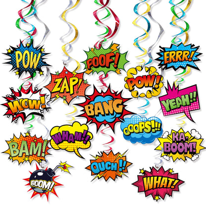 Superhero Hanging Swirls 30 Pack Hero Action Sign Foil Ceiling Hanging Swirls Streams Banner Decor Garland for Kids Superhero Baby Shower Celebrating