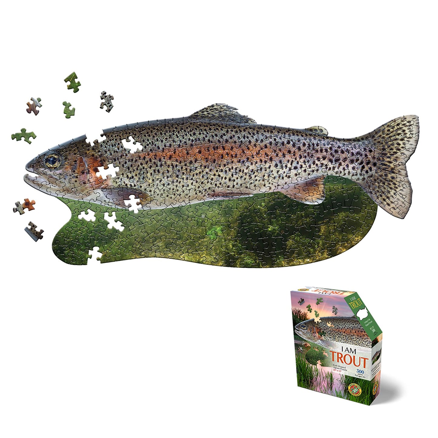 Madd Capp: I AM Trout - 300 Piece Jigsaw Puzzle- Fish-Shaped Puzzle, 28x12 Finished Size, Includes Fun Facts Booklet