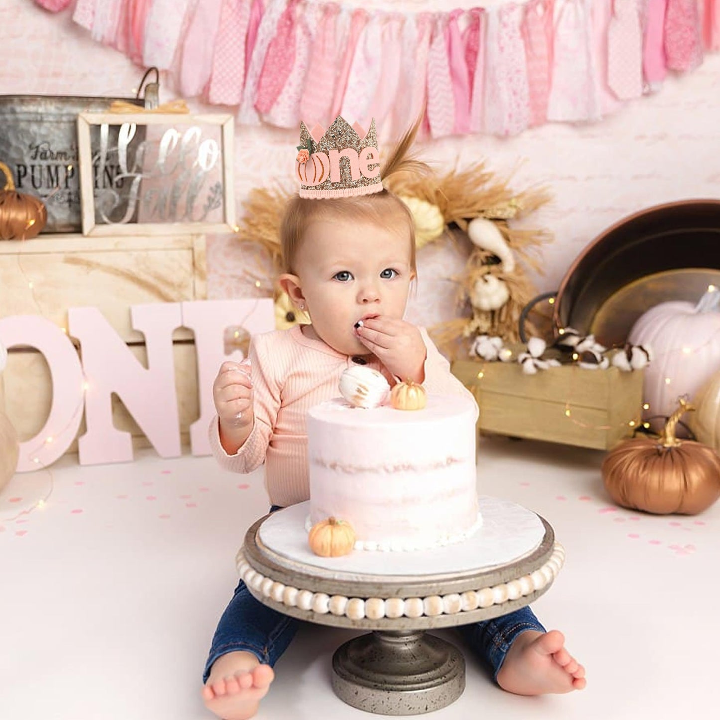 Agvgaza Little Pumpkin One Birthday Crown -Floral Pumpkin Decorations, Halloween Theme First Birthday Crown, 1st Hat Photo Shooting Props for Baby