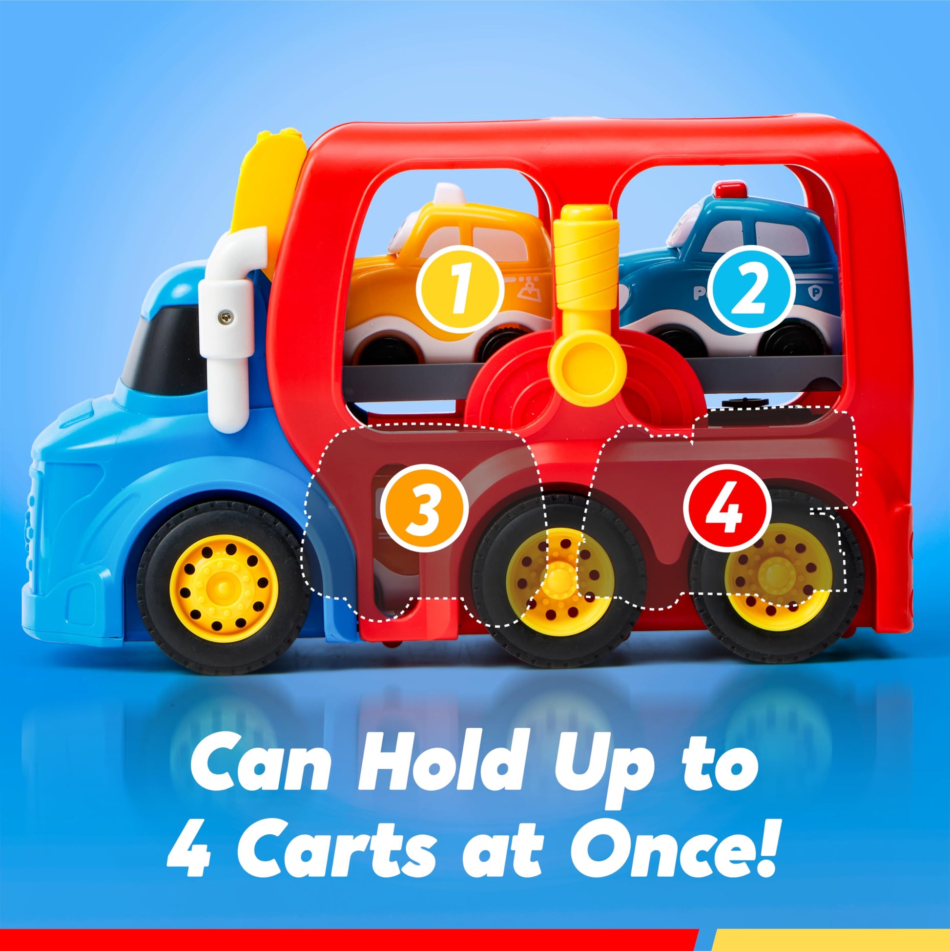 Vroomix JOVA Toddler Truck Toys for Age 2-4, Carrier Transport Trucks for Kids 2 3 4 5 Year Old Boy, 4 Pack Car Toys Including School Bus, Taxi, Fire