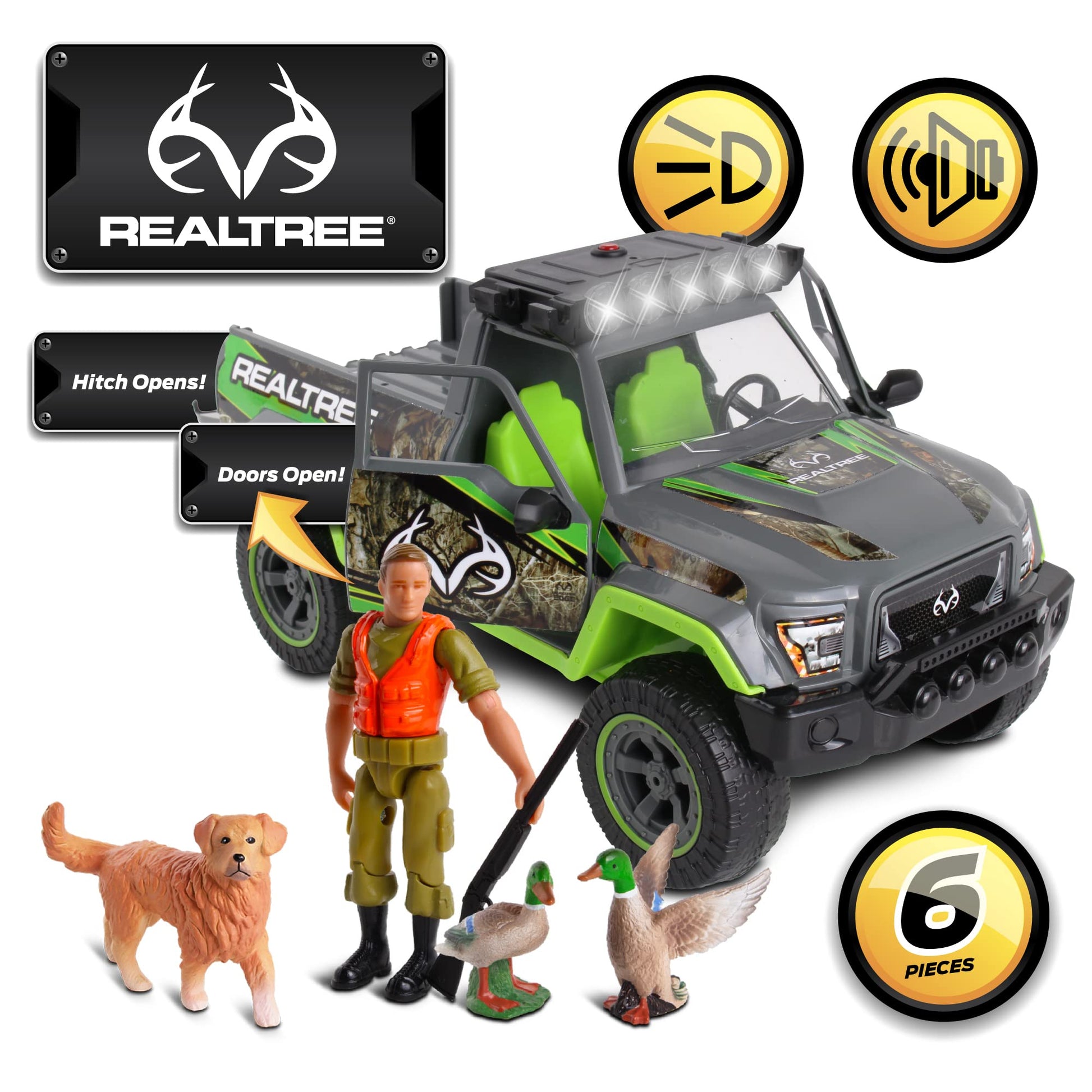 NKOK Realtree 1:18 Scale: Duck Hunting Playset - 6 Piece Friction Powered Lights & Sounds Truck, Realtree Camo, Duck Hunting #21722, Officially