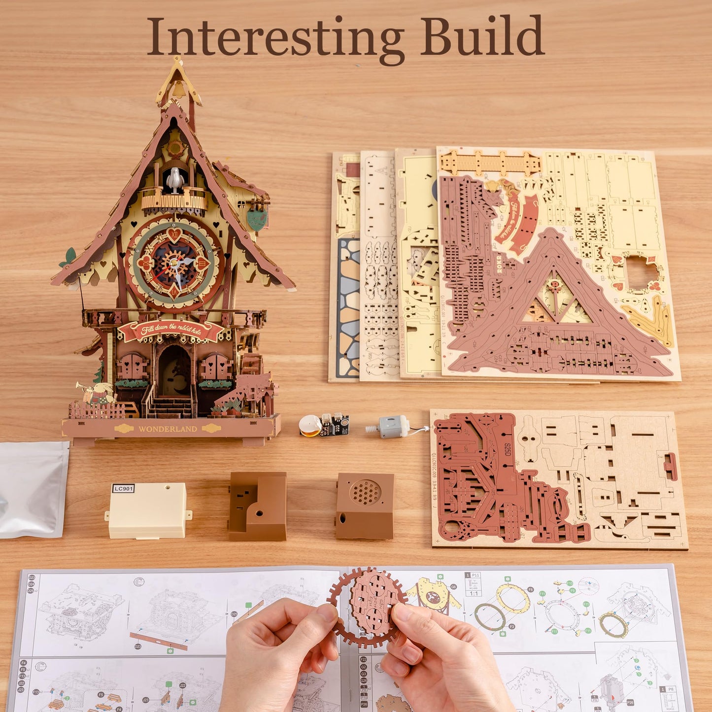 ROBOTIME 3D Wooden Puzzles for Adults-Cuckoo Clock Wooden Models for Adults to Build-435 Piece Model Kit with 2 Lights-Gift for Craft Enthusiast Model