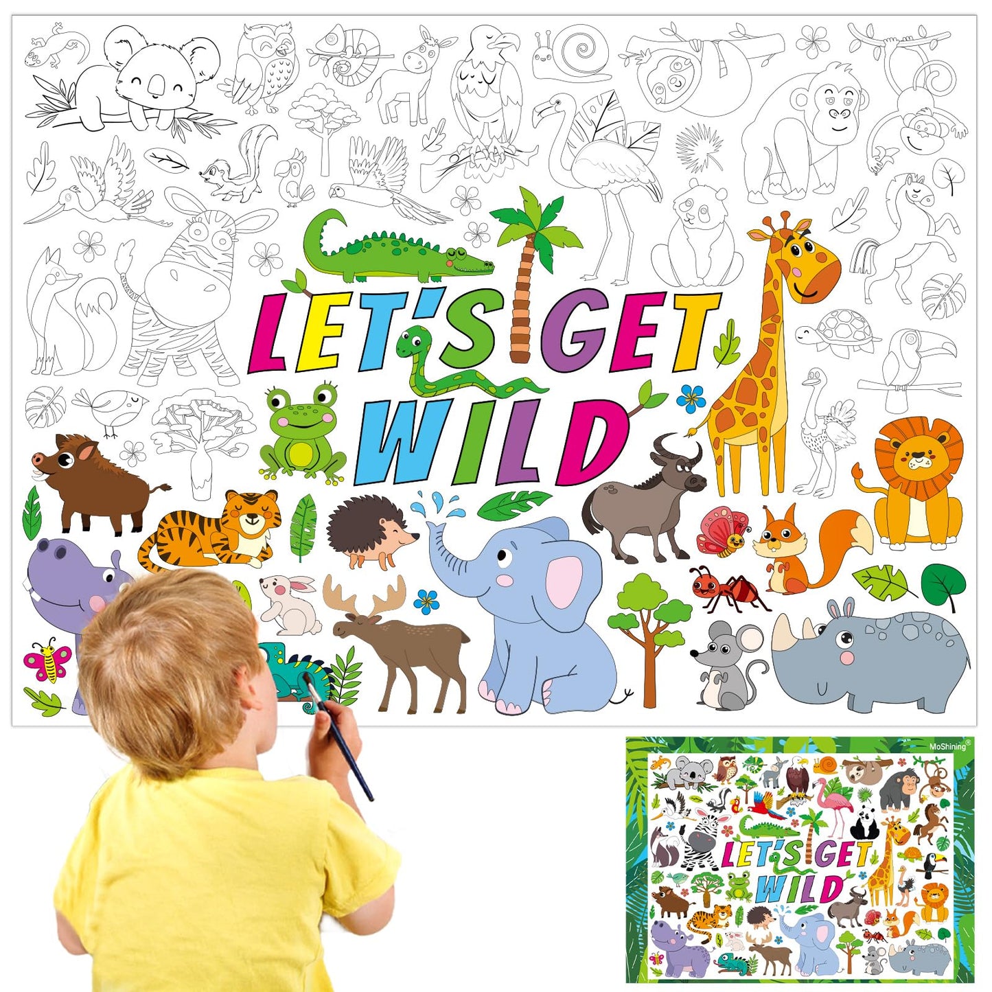 Jungle Safari Animals Giant Coloring Poster for Kids Wild Tropical Life Crafts Activity Wall Doodle Art Coloring Paper Poster Banner for Home School