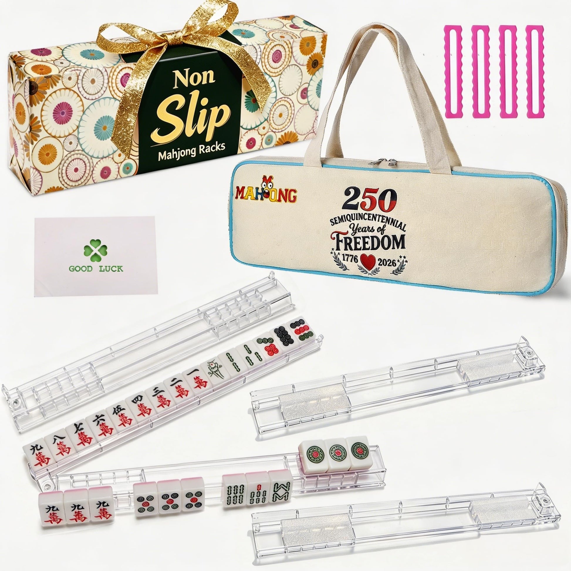 Non-Slip Clear Mahjong Racks with Pushers Set of 4, Complete Gift Set with 4 Readers, Lucky Clover Card, 250 Anniversary Tote Canvas Bag & Elegant