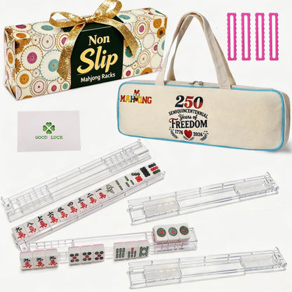 Non-Slip Clear Mahjong Racks with Pushers Set of 4, Complete Gift Set with 4 Readers, Lucky Clover Card, 250 Anniversary Tote Canvas Bag & Elegant