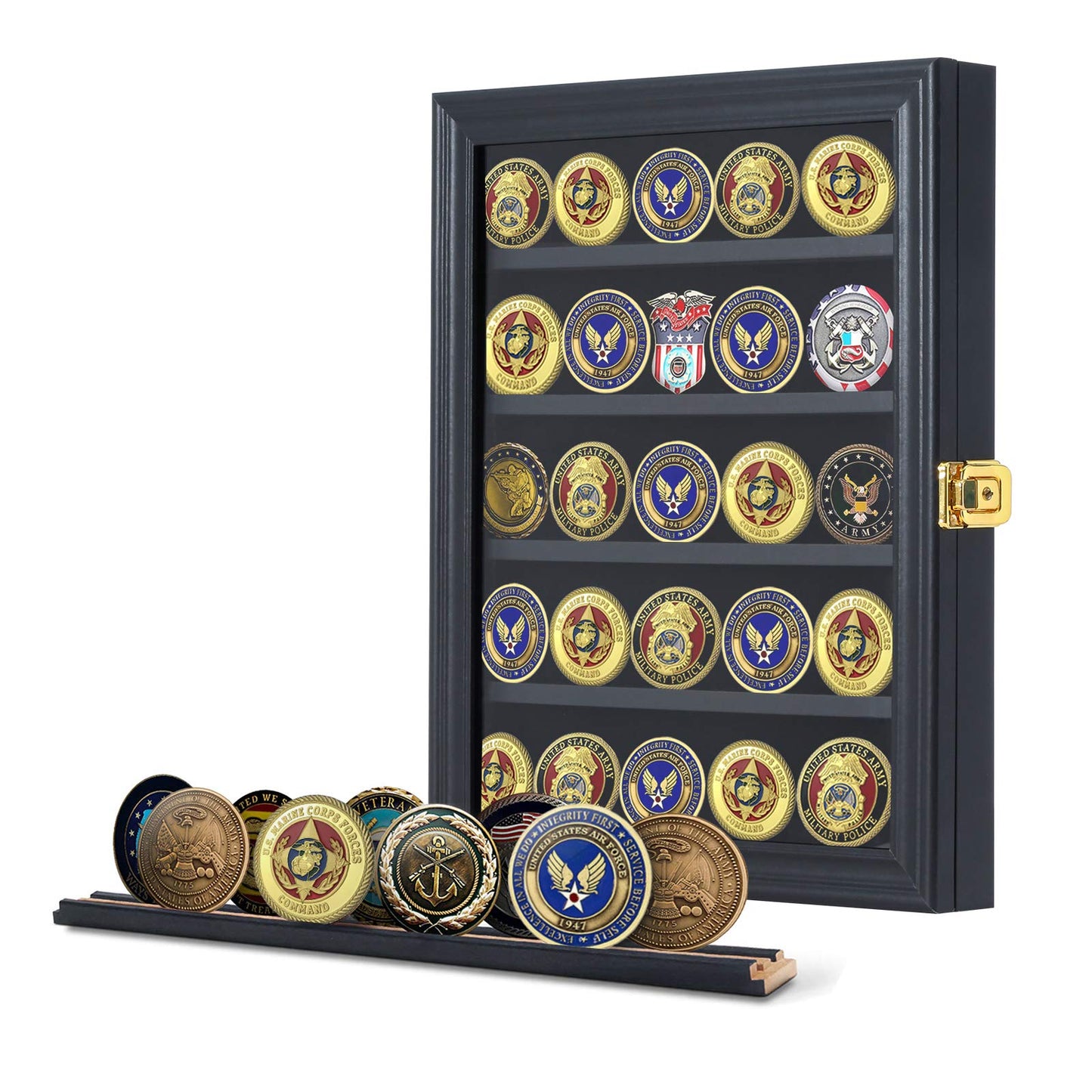 Jinchuan Military Challenge Coin Display Case Lockable Cabinet Rack Holder Shadow Box with Removable 2 Grooves Shelves and Anti Dust Door for Casino