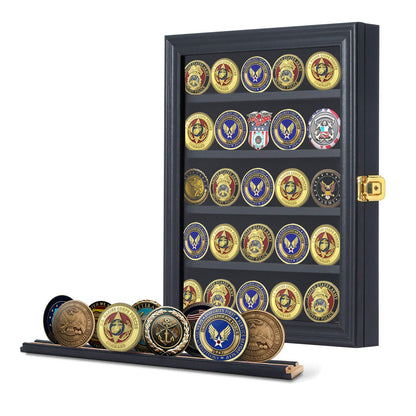 Jinchuan Military Challenge Coin Display Case Lockable Cabinet Rack Holder Shadow Box with Removable 2 Grooves Shelves and Anti Dust Door for Casino