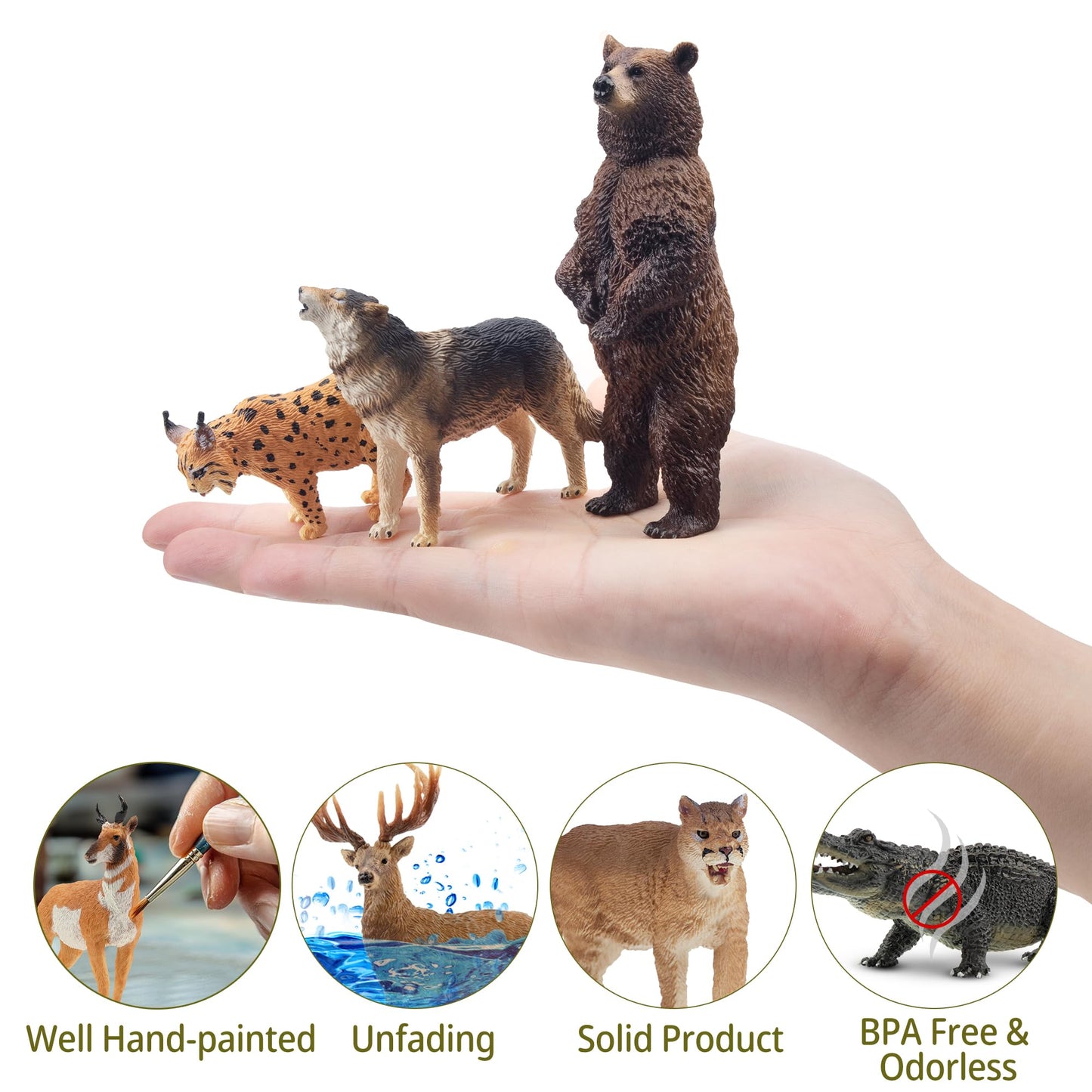 Toymany 12PCS North American Forest Animal Figurines, Realistic Jungle Zoo Animal Set Includes Moose,Cougar,Wolf,Bear,Eagle,Deer Educational Toy Cake