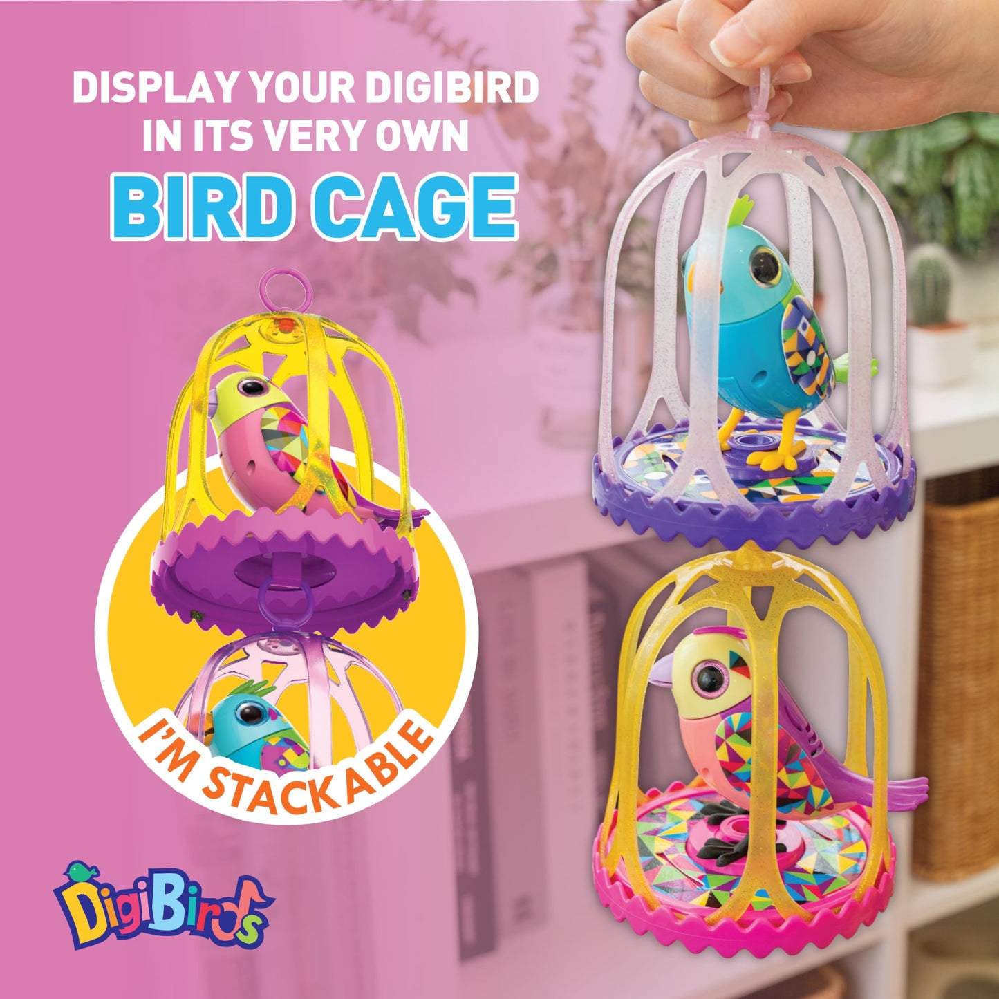 DigiBirds Interactive Singing Bird Toy - with Cage - 50+ Melodies, Collectible Electronic Pet, Tap to Tweet & Sing, Collect Mechanical Bird