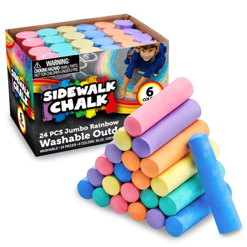 JOYIN 24 PCS Washable Sidewalk Chalks Set Non-Toxic Jumbo Chalk for Schools, Outdoor Art Play, Paint on Chalkboard, Blackboard and Playground (6